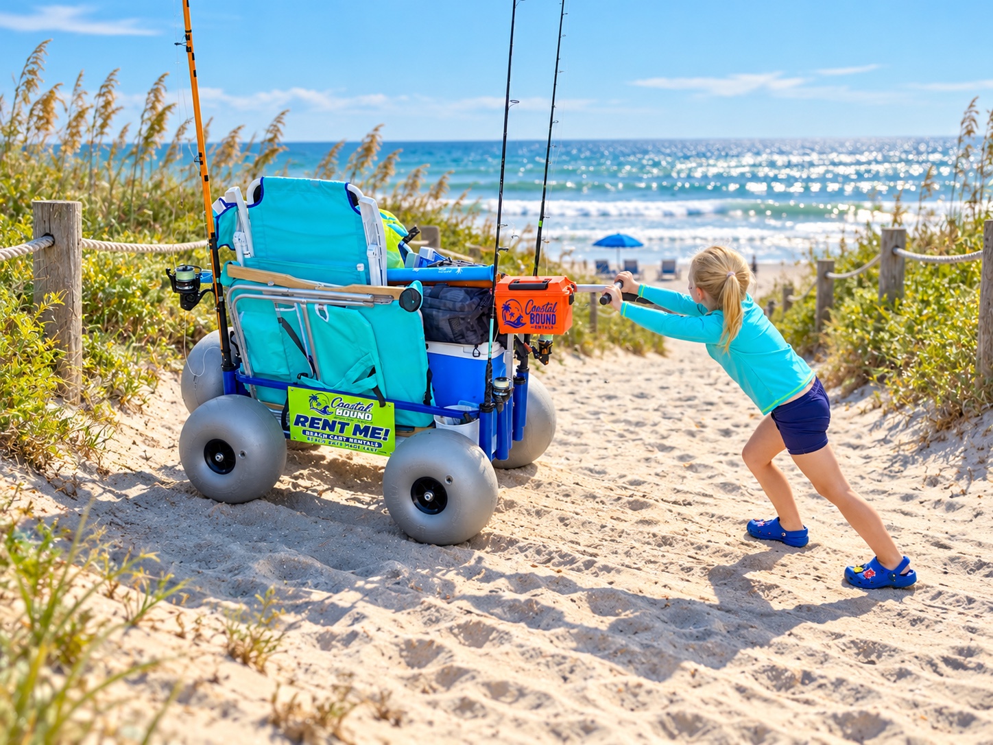 Child pushing a Coastal Bound cart with balloon wheels down a beach access path